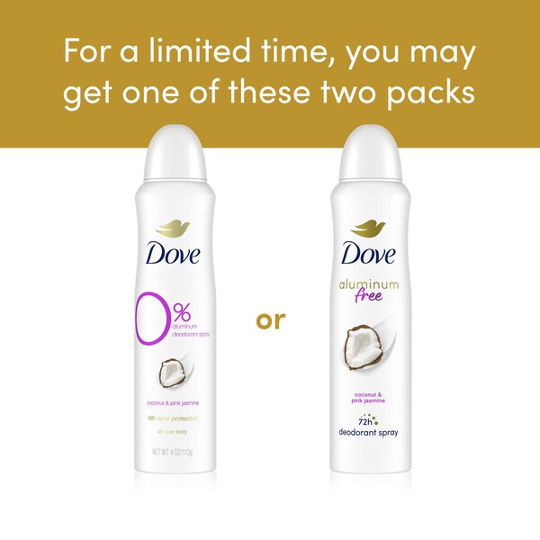 Dove 0% Aluminum 48-Hour Deodorant Spray, Coconut & Pink Jasmine, 4 OZ