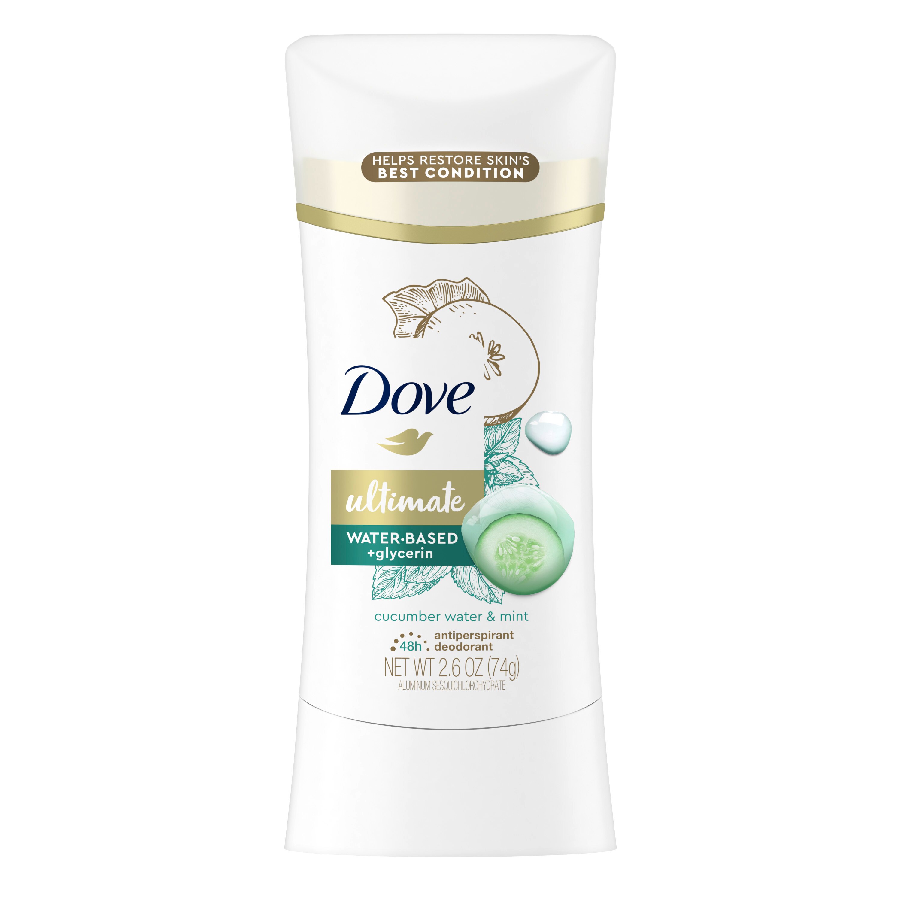 Dove Antiperspirant & Deodorant Stick 48-Hour Hypoallergenic Ultimate Water-Based, Cucumber Water & Mint, 2.6 OZ