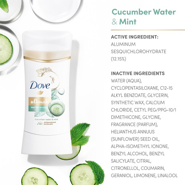 Dove Ultimate 48-Hour Water-Based + Glycerin Antiperspirant & Deodorant Stick, Cucumber Water & Mint