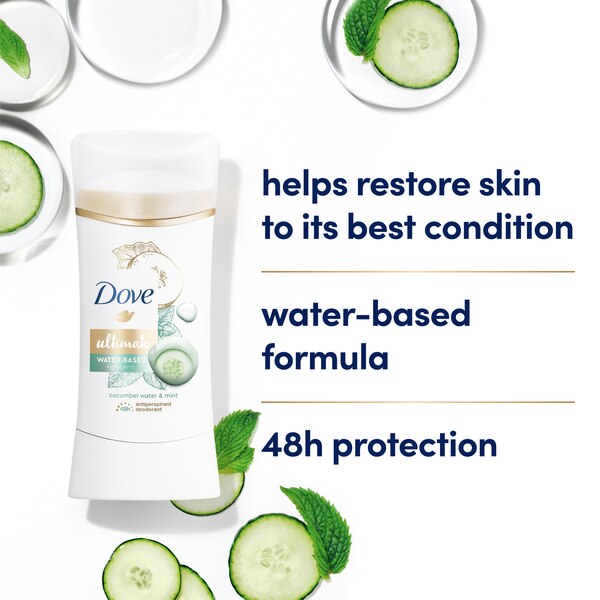 Dove Ultimate 48-Hour Water-Based + Glycerin Antiperspirant & Deodorant Stick, Cucumber Water & Mint