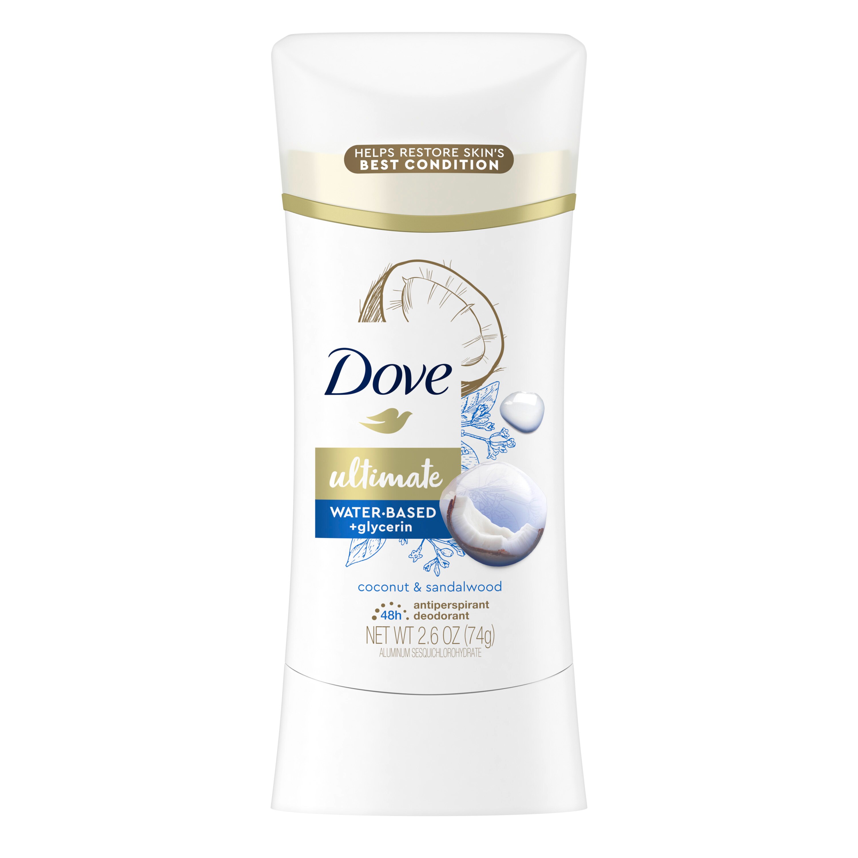 Dove Antiperspirant & Deodorant Stick 48-Hour Hypoallergenic Ultimate Water-Based, Coconut & Sandalwood, 2.6 OZ