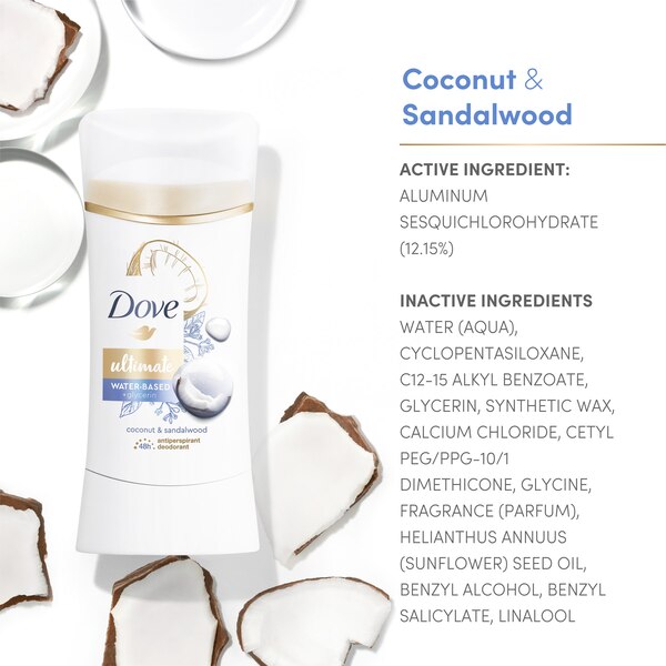Dove Ultimate 48-Hour Water-Based + Glycerin Antiperspirant & Deodorant Stick, Coconut & Sandalwood