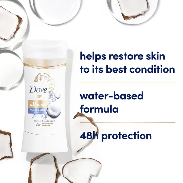 Dove Ultimate 48-Hour Water-Based + Glycerin Antiperspirant & Deodorant Stick, Coconut & Sandalwood