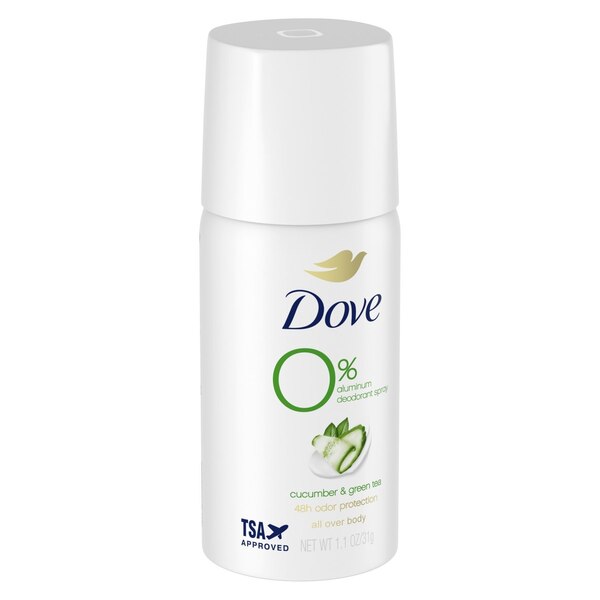 Dove 0% Aluminum Travel Size Deodorant Spray, Cucumber 
