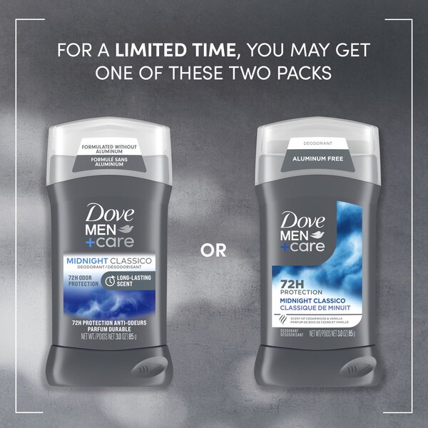 Dove Men+Care 72-Hour Deodorant Stick, Midnight Classico, 3 OZ