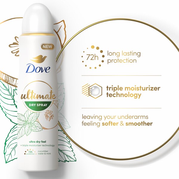 Dove Ultimate 72-Hour Antiperspirant & Deodorant Dry Spray, Cucumber Water & Mint