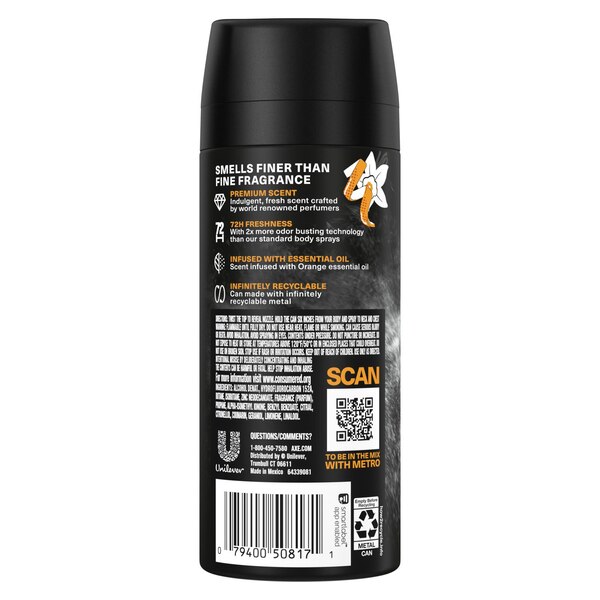 AXE 72-Hour Premium Deodorant Body Spray, Black Vanilla, 4 OZ