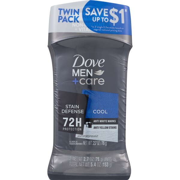 Dove Men+Care Stain Defense Deodorant Stick, 2.7 OZ, Twin Pack