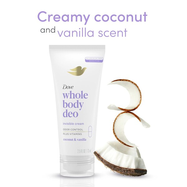 Dove Whole Body Deodorant Invisible Cream, Coconut & Vanilla, 2.5 OZ