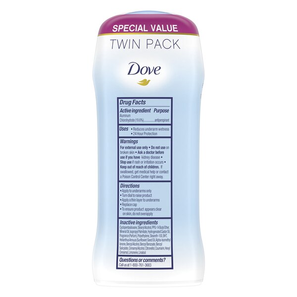 Dove Antiperspirant & Deodorant Stick, Powder, Twin Pack, 2.6 OZ