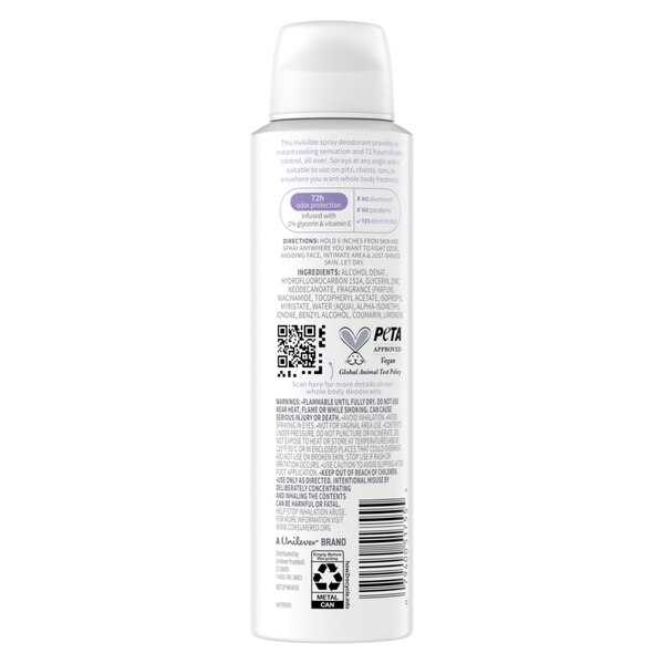 Dove Cooling Whole Body Deodorant Spray, Coconut & Vanilla, 4 OZ