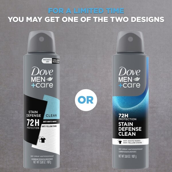 Dove Men+Care 72-Hour Stain Defense Antiperspirant Dry Spray, Clean, 3.8 OZ