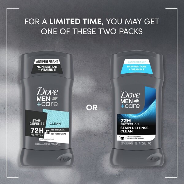 Dove Men+Care 72-Hour Stain Defense Antiperspirant Stick, Clean, 2.7 OZ