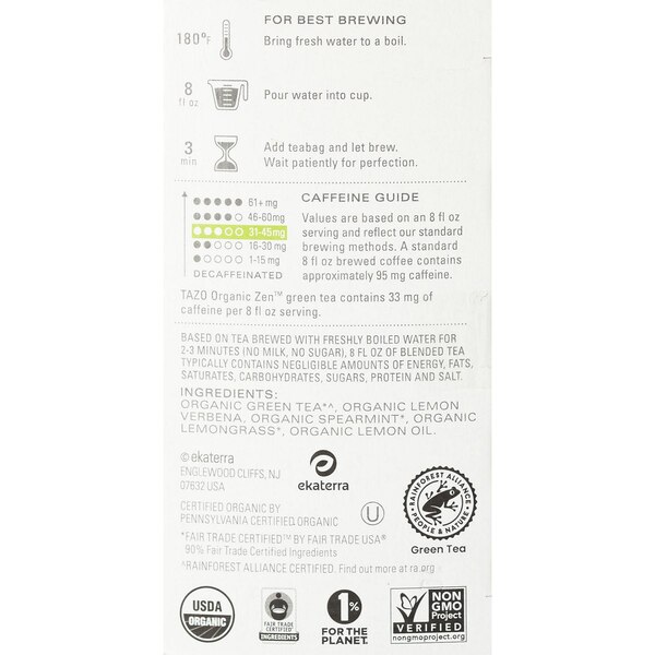 Tazo Zen Moderate Caffeine Level Green Tea Bags For an Calming Beverage, 20 ct