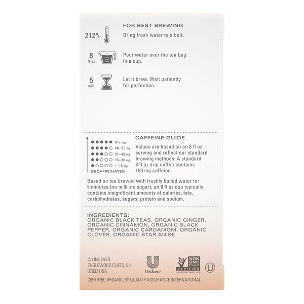 Tazo Organic Chai Moderately Caffeinated Morning Drink Black Tea Bags For a Warm Spiced Chai, 20 ct