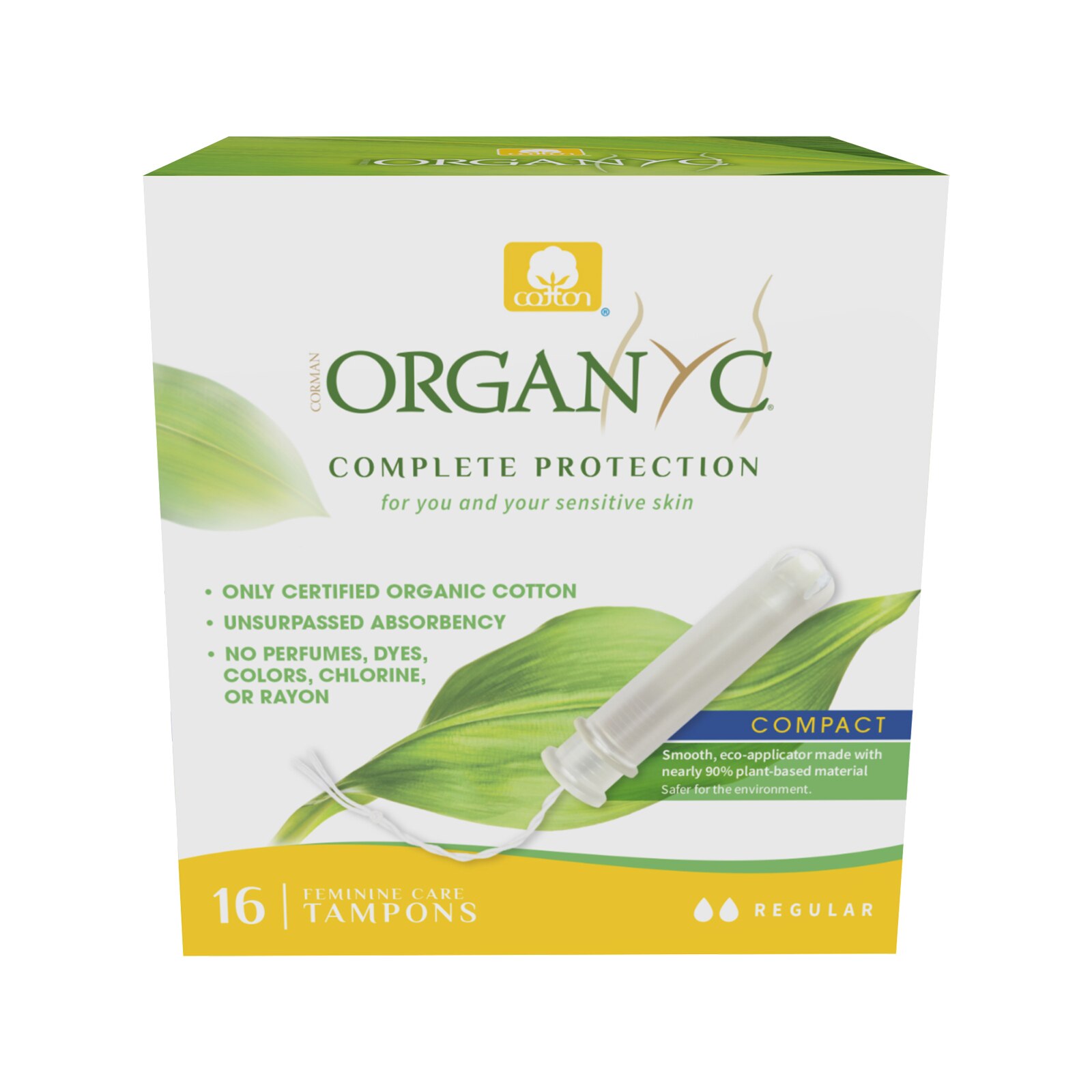 Organyc - Tampones de algodón orgánico para piel sensible con aplicador compacto de material orgánico, Regular, 16 u.