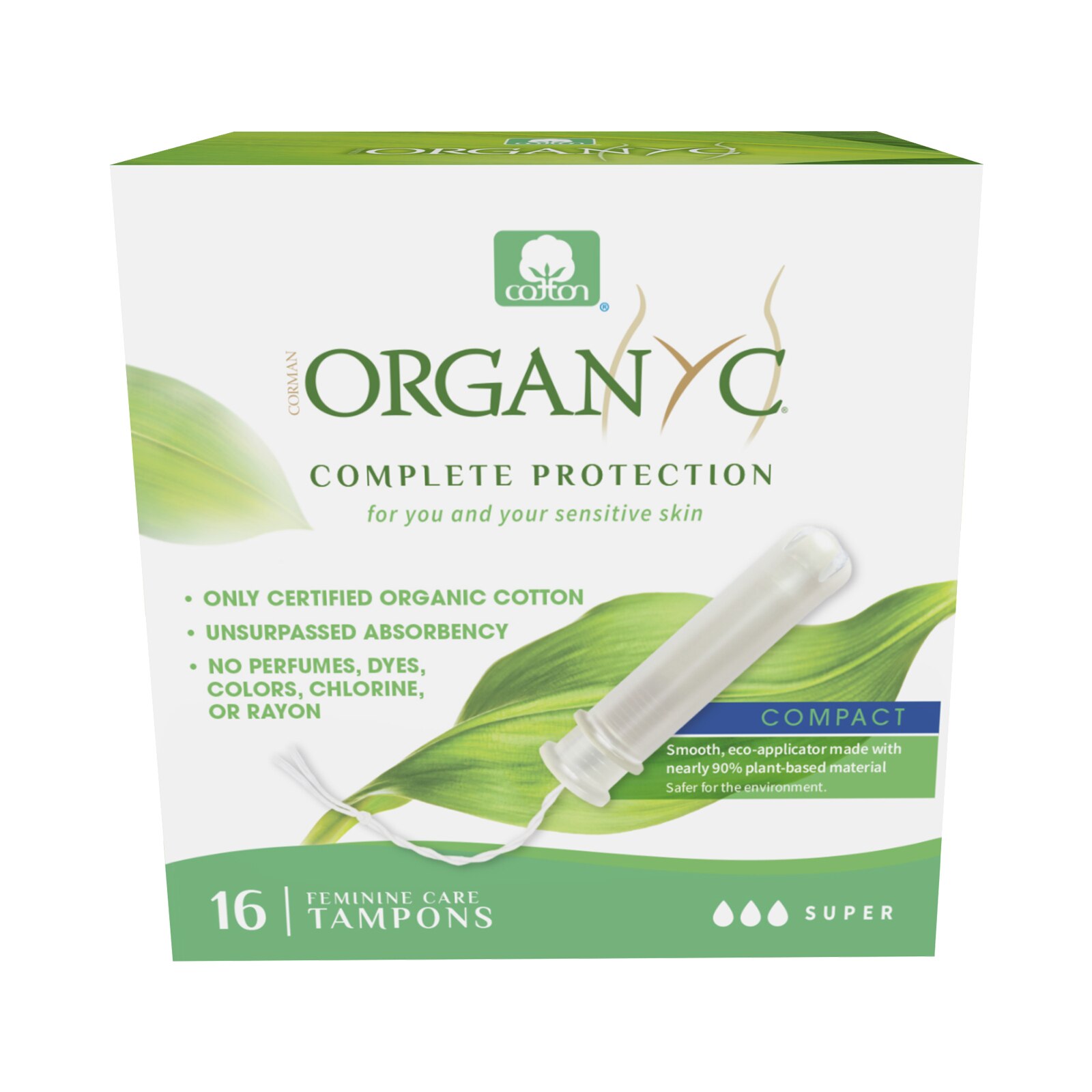 Organyc - Tampones de algodón orgánico para piel sensible con aplicador compacto de material orgánico, Super, 16 u.