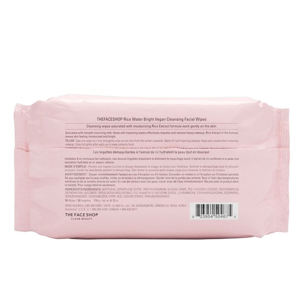 The Face Shop Rice Water Bright Cleansing Facial Wipes, Vegan, 50 CT