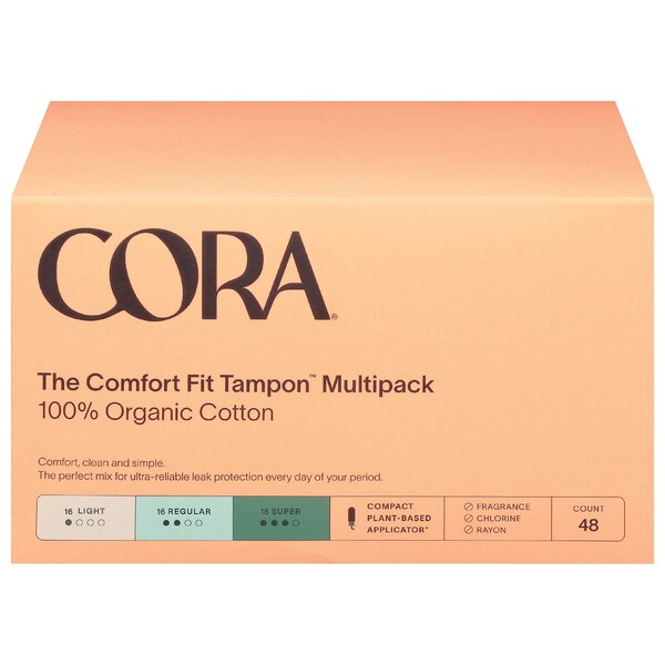 Cora 100% Organic Cotton Bio PE Applicator Tampons, L/R/S, 48 CT