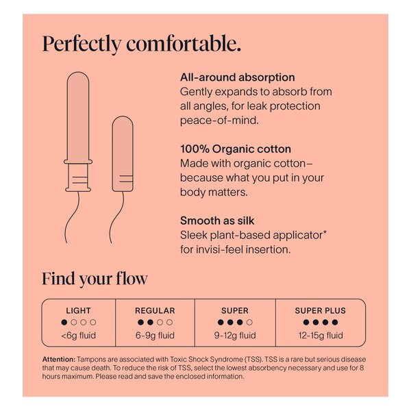 Cora 100% Organic Cotton Bio PE Applicator Tampons, L/R/S, 48 CT