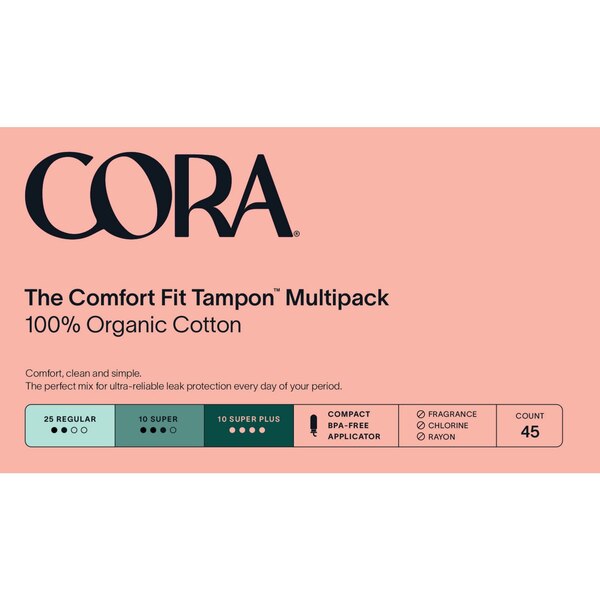 Cora 100% Organic Cotton Applicator Tampons, R/S/S+, 45 CT