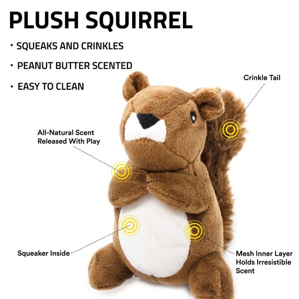Playology Plush Squirrel Dog Toy, Peanut Butter Scent, Size Small