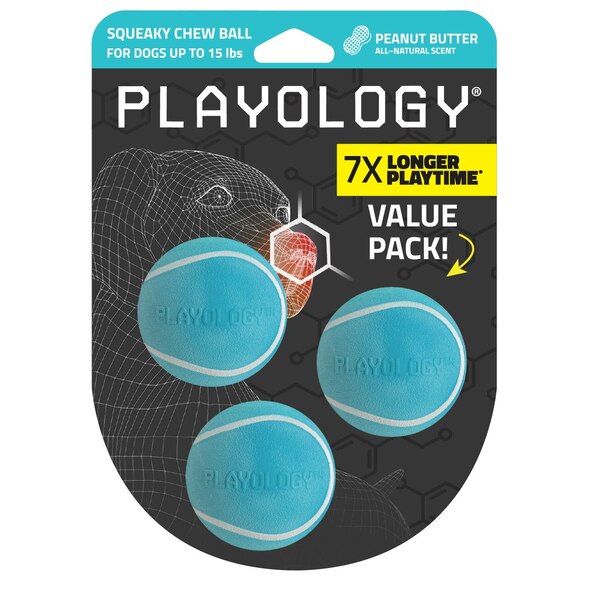 Playology Small Squeaky Chew Ball, Peanut Butter Scent, 3 ct