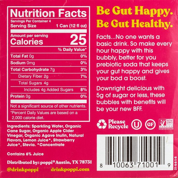 Poppi Prebiotic Soda, Strawberry Lemon, 4 ct, 12 oz