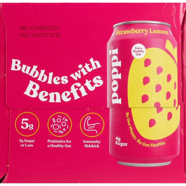 Poppi Prebiotic Soda, Strawberry Lemon, 4 ct, 12 oz