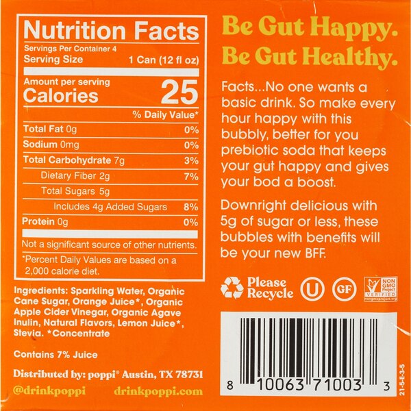 Poppi Prebiotic Soda, Orange, 4 ct, 12 oz