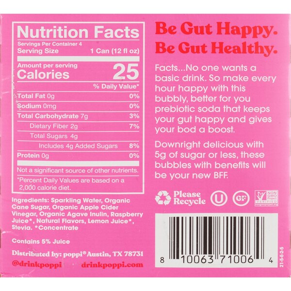 Poppi Prebiotic Soda, Raspberry Rose, 4 ct, 12 oz