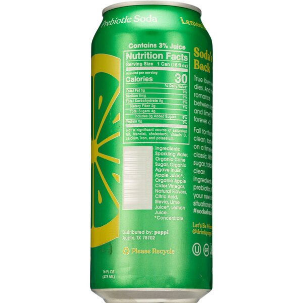 Poppi Prebiotic Soda, Lemon Lime, 16 oz