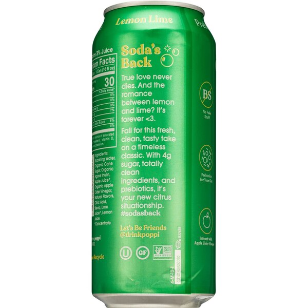Poppi Prebiotic Soda, Lemon Lime, 16 oz