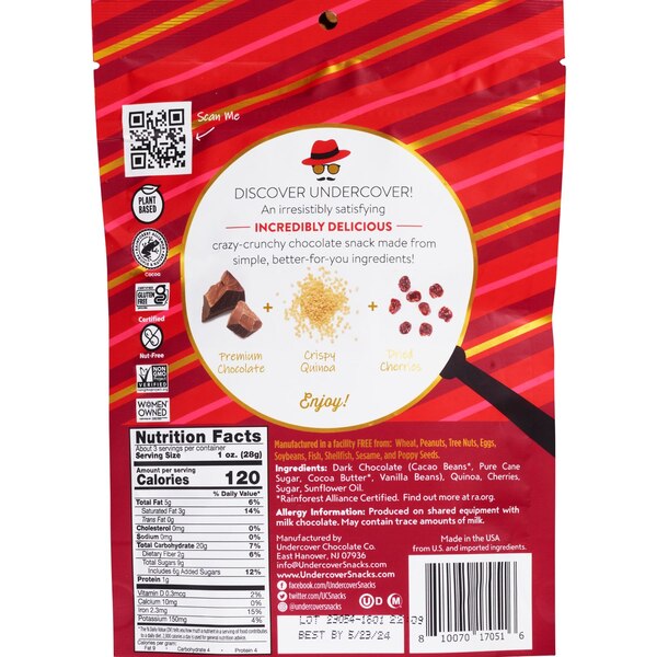 Undercover, Dark Chocolate + Cherry Quinoa Crisps, 3 oz											