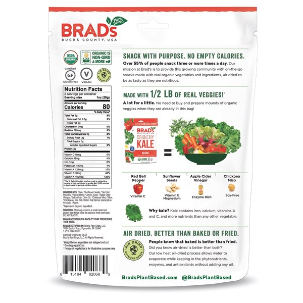 Brad's Plant Based Organic Crunchy Kale, Nacho Low Salt, 2 oz