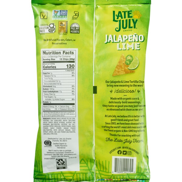LATE JULY Snacks Jalapeno Lime Tortilla Chips, 7.8 oz