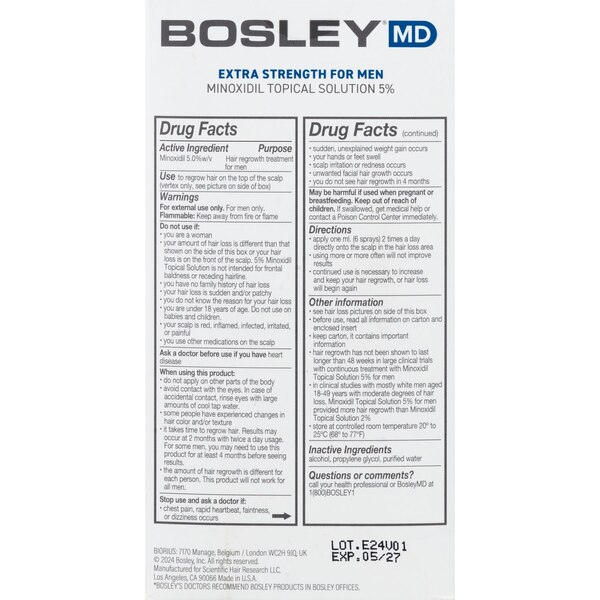 BosleyMD Men's 5% Minoxidil Spray for Hair Regrowth, 2 Month Supply