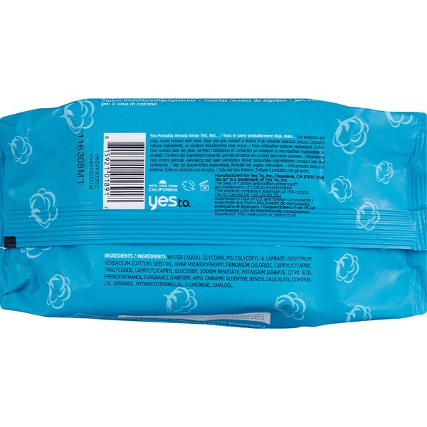 Yes To Cotton Facial Wipes, 25/Pack