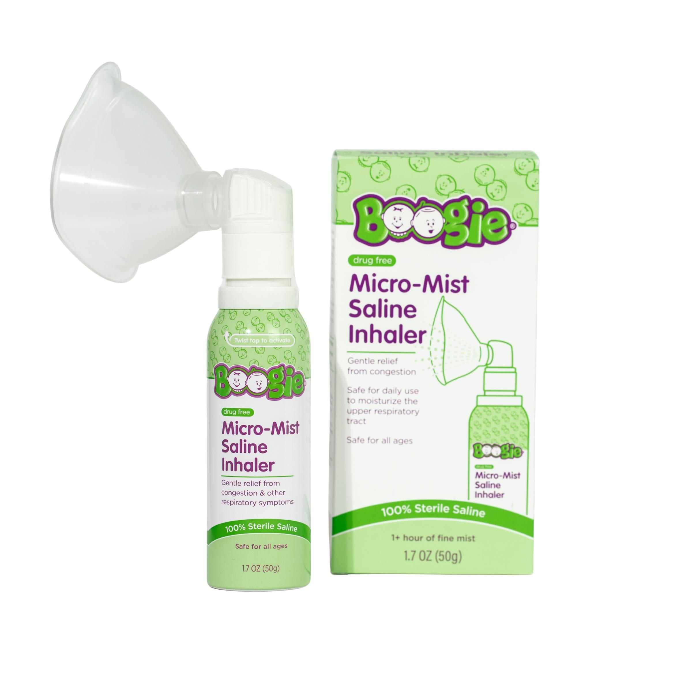 Boogie WipesBoogie Micro-Mist Saline Inhaler, 1.7 OZ2 reviewsThe Boogie Micro-Mist Saline Inhaler gently moisturizes and soothes the upper respiratory tract to help relieve symptoms like congestion and discomfort caused by allergies, colds and other irritants. Its pediatrician recommended, penetrating fine, natural sterile saline mist deeper into nasal ...