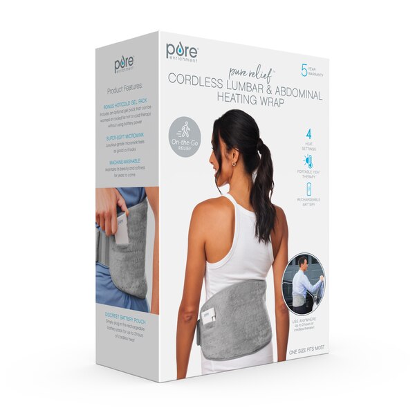 Pure Enrichment PureRelief Cordless Lumbar and Abdominal Heating Wrap, Mist Gray