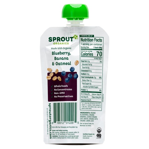 Sprout Organics Stage 2 Pouch Blueberry, Banana & Oatmeal