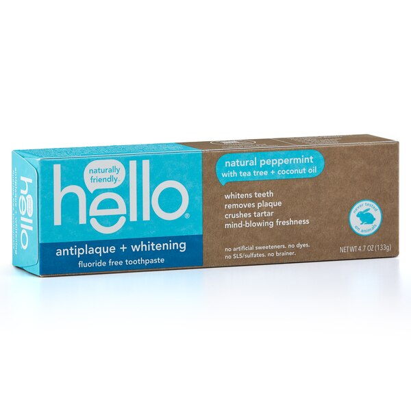 hello Antiplaque and Whitening Fluoride-Free Toothpaste, Natural Peppermint with Tea Tree and Coconut Oil, 4.7 OZ
