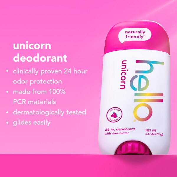 hello Unicorn Aluminum Free 24-Hour Deodorant Stick, Shea Butter, 2.6 OZ