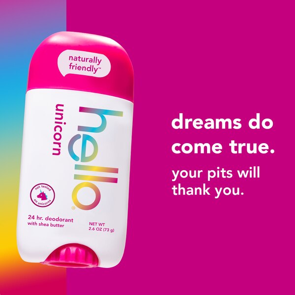 hello Unicorn Aluminum Free 24-Hour Deodorant Stick, Shea Butter, 2.6 OZ