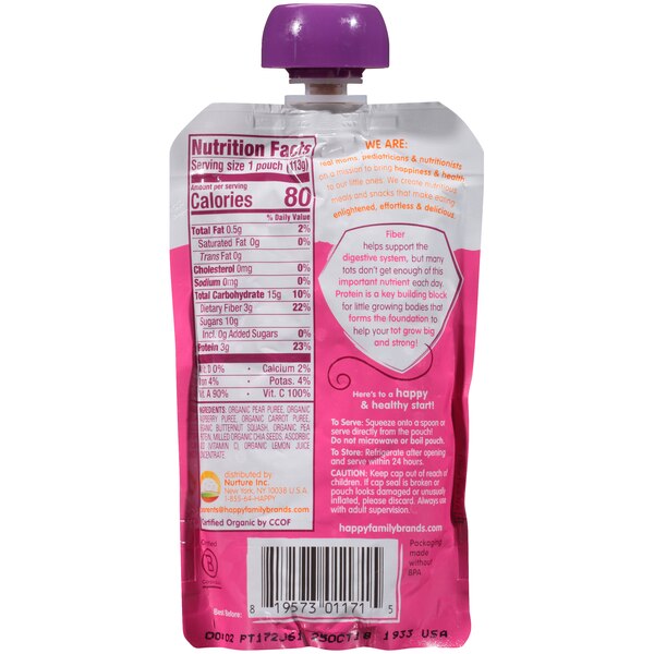 HappyTot Fiber & Protein Organic Fruit & Veggie Blend Pouch, 4 OZ