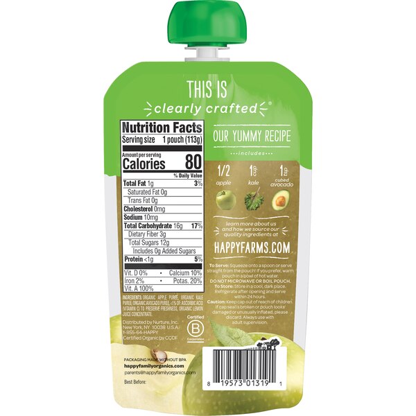 HappyBaby Apples, Kale & Avocado Organic Food Pouch, 4 OZ