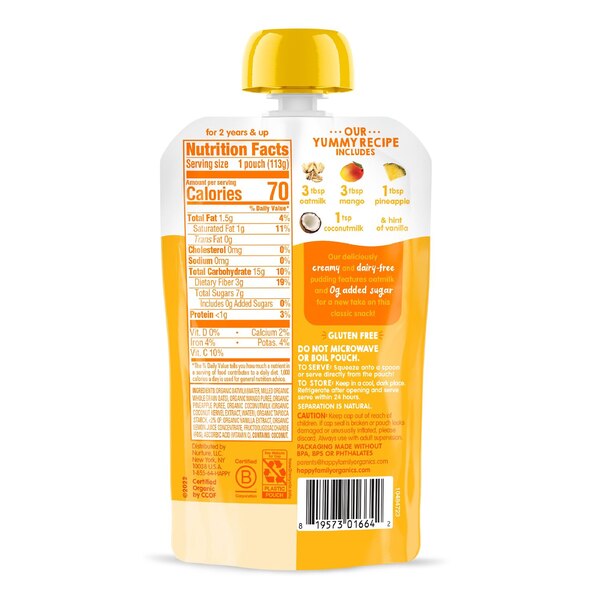 Happy Family Oatmilk Pudding Pouch, Oatmilk, Mangos, Pineapples, Coconutmilk, 4 OZ