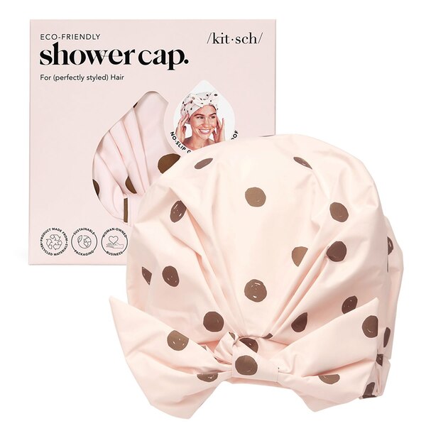 Kitsch Recycled Polyester Luxe Shower Cap, Blush Dot