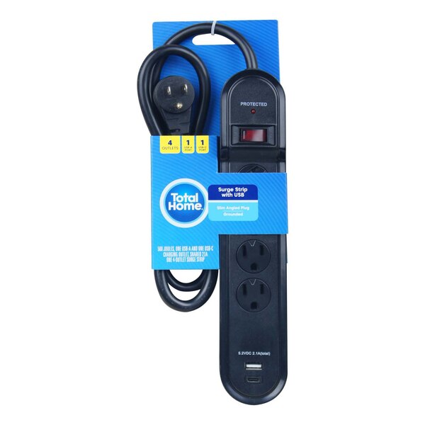 Total Home 4-Outlet & USB Port Surge Strip, Black