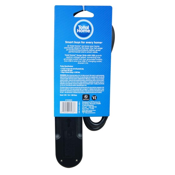 Total Home 4-Outlet & USB Port Surge Strip, Black